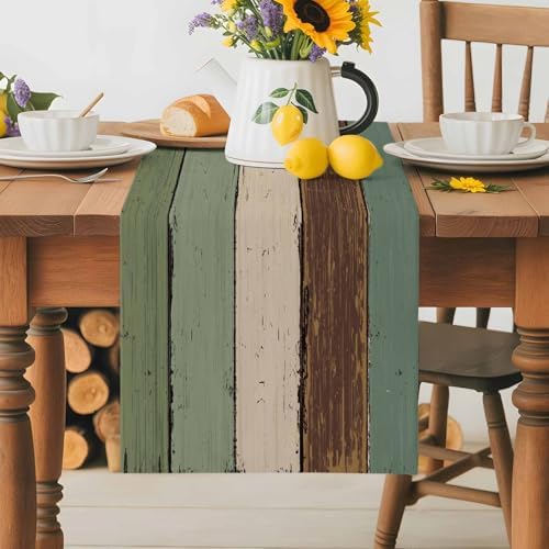 Green Brown Wood Grain Table Runner Dresser Scarf 13 x 72 Inch Vintage Mottled Board Striped Farm Table Runners Non-Slip Heat Resistant Kitchen Dining Table Decor for Home Holidays Indoor Outdoor