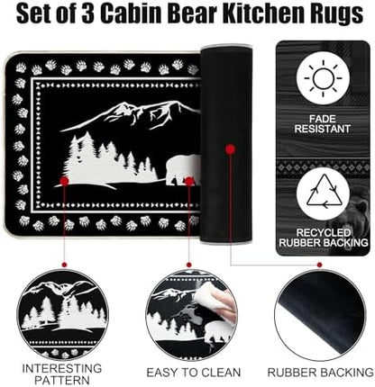 Pickmesh Set of 3 Kitchen Mats Cabin Bear Rugs Woodland Nursery Mat Decor Rustic Lodge Theme Area Rug with Bear and Cub Mountain Scene Cabin Carpet for Home Bathroom (Classic Style)