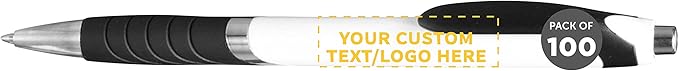 DISCOUNT PROMOS Ballpoint Pens With Rubber Grip - 100 pack - Customizable Text, Logo - Black Ink Ball Point Pen with Soft Touch Plastic - White