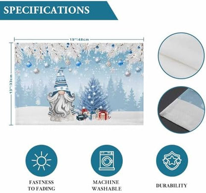 Christmas Gnome Placemats Set of 4, Winter Merry Christmas Tree Balls Heat Resistant Washable Table Place Mats Blue Cotton Table Linens Party Holiday Decor for Kitchen Dining Outdoor Indoor