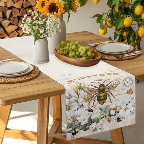 Bee Table Runner Dresser Scarf 13 x 36 Inch Farmhouses Honeybee White Floral Plants Retro Beige Table Runners Non-Slip Heat Resistant Kitchen Dining Table Decor for Home Holidays Indoor Outdoor