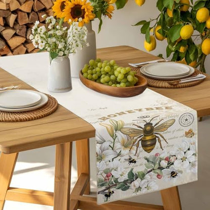 Bee Table Runner Dresser Scarf 13 x 36 Inch Farmhouses Honeybee White Floral Plants Retro Beige Table Runners Non-Slip Heat Resistant Kitchen Dining Table Decor for Home Holidays Indoor Outdoor