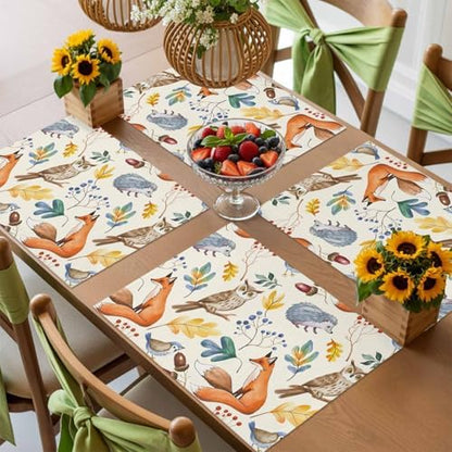 Fall Placemats Set of 4, Autumn Animal Place Mats Owl Bird Fox Leaves Tablemats Harvest Thanksgiving Placemat Table Decoration for Kitchen Table Holiday Dinner Party Autumn Home Decor