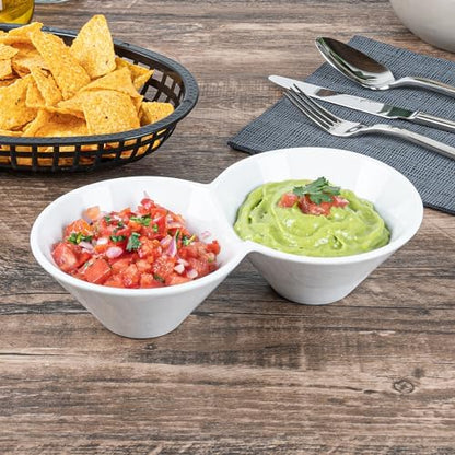 Restaurantware-9.1 x 4.9 x 2.3 Inch Double Dip Bowls, 1 Microwavable Condiment Server - 2 Compartments, Microwavable, White Porcelain Dip Tray, Dishwashable, For Snacks, Condiments, Or Toppings