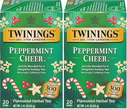 Twinings Peppermint Cheer Herbal Tea Individually Wrapped Bags, 20 Count (Pack of 2), Peppermint & Vanilla, Naturally Caffeine-Free, Enjoy Hot or Iced, 20 Teabags