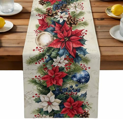 Christmas Poinsettia Table Runner Dresser Scarf 13 x 72 Inch Red Flower Holly Berries Xmas Ball Beige Table Runners Non-Slip Heat Resistant Kitchen Dining Table Decor for Home Holidays Indoor Outdoor