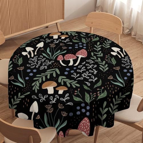 Mushroom Tablecloth, Cartoon Green Leaves Mushroom Wildflower Plant Botanical Herb Nature Garden Print Table Cloth for Home Kitchen Outdoor Party Picnic Wedding Decor, 60x60in