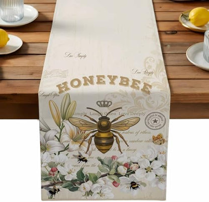 Bee Table Runner Dresser Scarf 13 x 36 Inch Farmhouses Honeybee White Floral Plants Retro Beige Table Runners Non-Slip Heat Resistant Kitchen Dining Table Decor for Home Holidays Indoor Outdoor