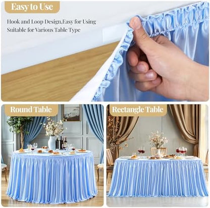 Wish Care 14ft Baby Blue Satin Table Skirt for Rectangle Tables Wrinkle Free Teacher Desk Skirt Glitter Ruffle Table Skirting Cloth for Back to School Classroom Office Dorm Birthday Party Table Decor