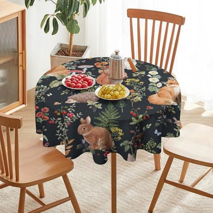 Watercolor Forest Tablecloth, Rustic Woodland Animals Squirrel Rabbit Fox Wild Flower Mushroom Leaves Print Table Cloth Cover for Kitchen Dining Indoor Outdoor Decor, 50x50in