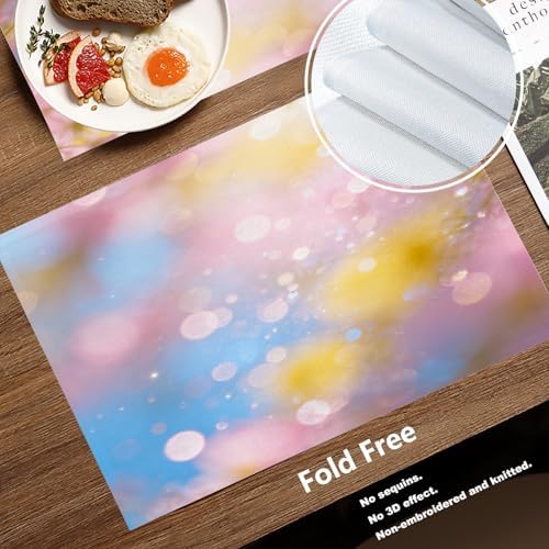 Batmerry Pastel Rainbow Placemats,Glitter Stars Marble Galaxy Clouds Washable Linen Table Mats for Kitchen Table Double Insulation Decor Dining Set Indoor Outdoor 12X18 in Set of 4