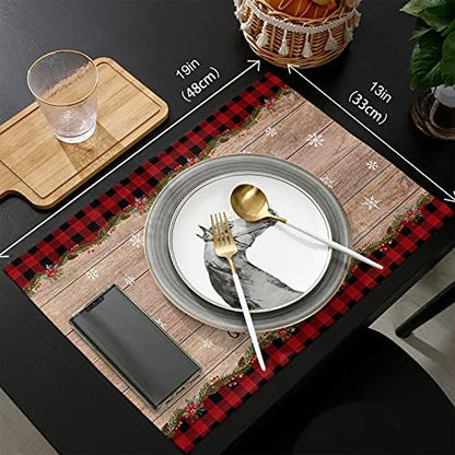 Artwork Store Merry Christmas Placemats Set of 4,Cotton Linen Table Mats Non-Slip Washable Buffalo Plaid Farm Xmas Tree Snowflake Pine Tree Placemat for Holiday Party Dining Kitchen Table Decor