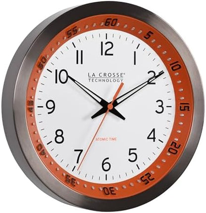 La Crosse Technology 404-87696-INT 10 inch Orange Chapter Ring Stainless Steel Atomic Analog Wall Clock
