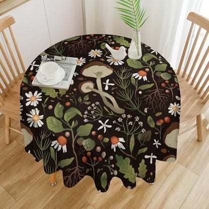 Wild Mushrooms Tablecloth, Rustic Chamomile Flowers Herbs Plants Retro Botanical Mushroom Natural Print Table Cover for Kitchen Dining Room Picnic Camping Indoor Outdoor, 50x50in