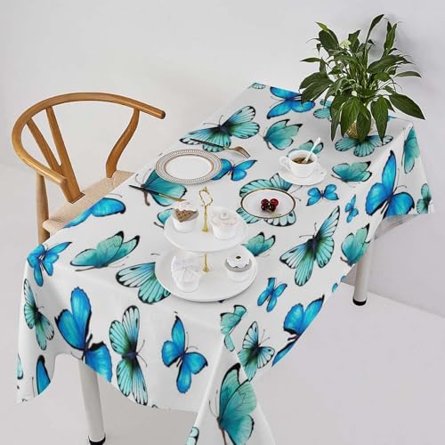 Blue Butterfly Tablecloth, Cute Animal Green Teal Butterfly Fantasy Wings Print Table Cover for Home Kitchen Outdoor Party Picnic Wedding Decor 55x75in