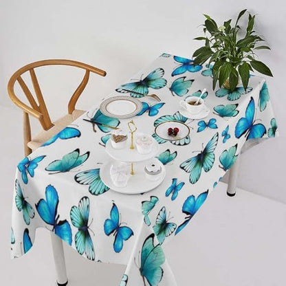 Blue Butterfly Tablecloth, Cute Animal Green Teal Butterfly Fantasy Wings Print Table Cover for Home Kitchen Outdoor Party Picnic Wedding Decor 60x120in