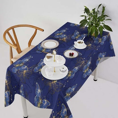 Retro Blue Butterfly Tablecloth, Luxury Golden Blue Butterfly Print Table Cover for Home Dining Decor Kitchen Party Outdoor 60x110in