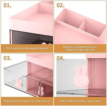Marbrasse Small Desk Organizer with Drawer, Multi-Functional Pen Pencil Holder Storage Box, Desk Organizers and Accessories with 3 Compartments + 2 Drawer for Office Art Supplies(Pink)