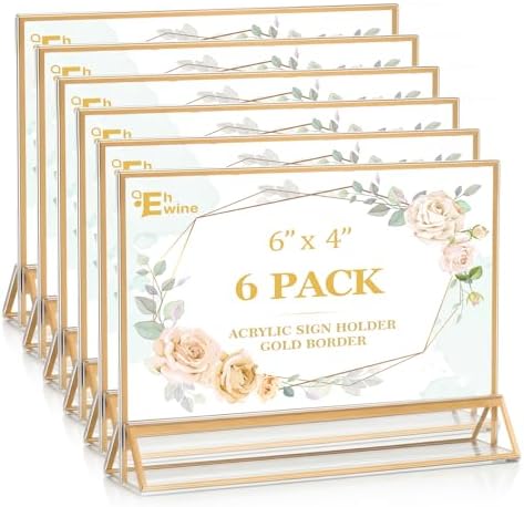EHWINE 6 Pack Acrylic Sign Holder 4 x 6 Horizontal, Double-Sided Stand up Table Top Sign Holders, Gold Acrylic Picture Frame Menu Flyer Paper Holder Display Stand for Office Business Store Wedding Party