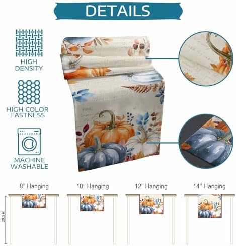 Fall Orange Blue Pumpkin Table Runner Dresser Scarf 13 x 60 Inch Eucalyptus Leaf Retro Thanksgiving Table Runners Non-Slip Heat Resistant Kitchen Dining Table Decor for Autumn Holidays Indoor Outdoor