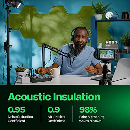 Acoustic Panels - 12-Pack Soundproof Wall Panels, 14"X12.1"X0.4", High Density Sound Dampening - Gin Green Hexagon