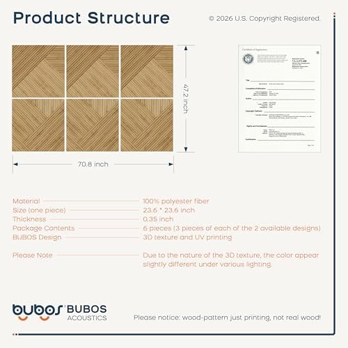 BUBOS 6-Pack Acoustic Panels, Wood Grain Sound Absorbing Panels, 23.6x23.6