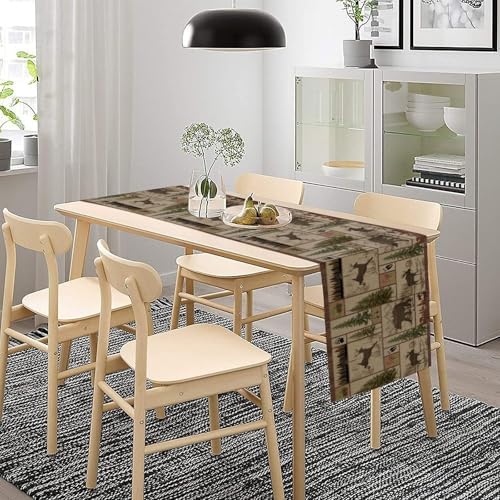 Rustic Moose Deer Bear Table Runner, Retro Vintage Bear Cottage Country Style Cabin Farmhouse Dinner Runner for Home Kitchen Dining Table Decoration 13x90inch