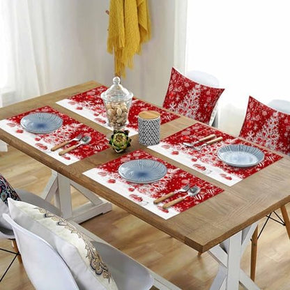Red Christmas Placemats Set of 4, White Xmas Tree Snowflakes Red Balls Heat Resistant Washable Table Place Mats Winter Cotton Table Linens Party Holiday Decor for Kitchen Dining Outdoor Indoor