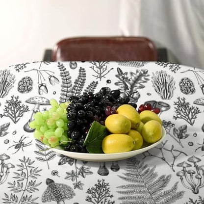 Vintage Mushroom Tablecloth, Black White Nature Forest Fern Leaves Autumn Plants Botanical Print Table Cover for Home Dining Decor Kitchen Party Outdoor 55x75in