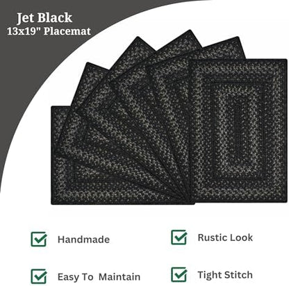 Homespice Jet Black Jute Braided Placemats, Rect 13x19 Set of 6