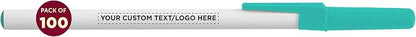 DISCOUNT PROMOS Custom Value Stick Pens Set of 100, Personalized Bulk Pack - Black Ink, Great for Office, School, Business, Tradeshows, Events - Teal