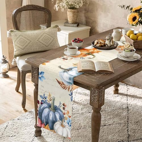 Fall Pumpkin Table Runner Dresser Scarf 16 x 72 Inch Blue Orange Maple Leaf Rustic Table Runners Non-Slip Heat Resistant Kitchen Dining Table Decor for Autumn Thanksgiving Holidays Indoor Outdoor