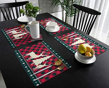 Christmas Trees Reindeer Elk Placemats Set of 6, Red Holiday Buffalo Checkered Plaid Cotton Line Stain Resistant Table Mats Washable Holidays Placemat Decoration For Kitchen Dining Table Farmhouse