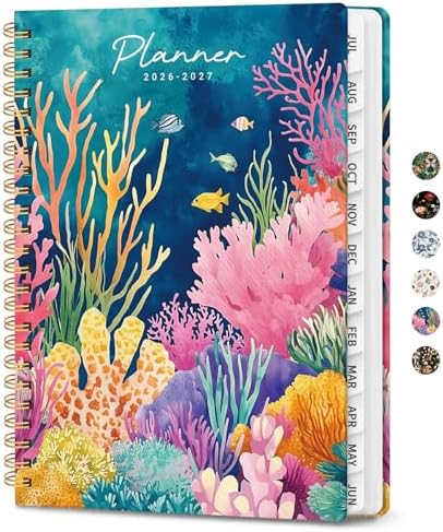 Academic Planner 2026-2027, Monthly and Weekly Calendar Planner, July 2026 - June 2027, Pretty Hardcover Teacher Student Planning Agenda Book with Tabs, Fit for School Office Supplies, 6.3" x 8.5", Coral Garden