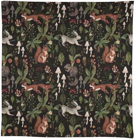 Cartoon Woodland Tablecloth, Watercolor Rustic Forest Wild Animals Bunny Rabbit Squirrel Mushroom Plants Print Table Cloth for Indoor Outdoor Dining Table Party Picnic Decor 60x90in