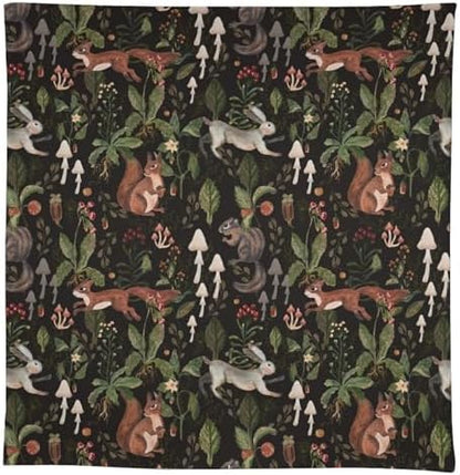 Cartoon Woodland Tablecloth, Watercolor Rustic Forest Wild Animals Bunny Rabbit Squirrel Mushroom Plants Print Table Cloth for Indoor Outdoor Dining Table Party Picnic Decor 60x90in