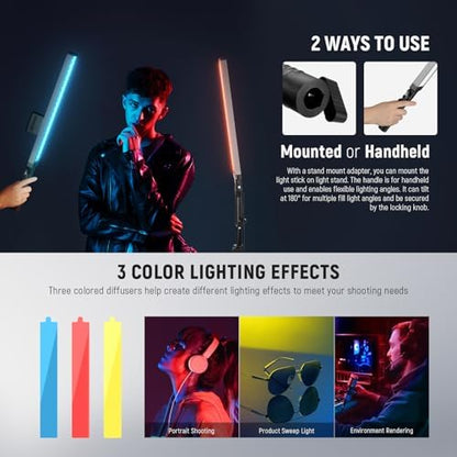 NEEWER Upgraded LED Video Light Stick & 2.4G Remote Kit, 2 Pack Handheld Dimmable 3200K~5600K CRI97+ Video Lighting with Stands/Filters/Bag for YouTube Video Recording Photography Gaming, BH20B Black