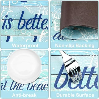 Beach Kitchen Mats for Floor Coastal Kitchen Rugs Cushioned Anti Fatigue Mats for Sink, Stove, Desk, Laundry,17"x30"+17"x47", Blue