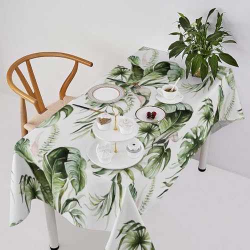 Green Tropical Leaves Tablecloth, Watercolor Jungle Plam Leaves Floral Botanical Print Farmhouse Holiday Tablecloths for Home Kitchen Party Dinner Decor 55x75in