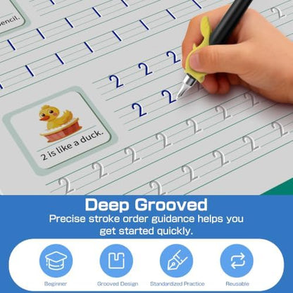 WANFRES Reusable Grooved Handwriting Practice Book for Kids Ages 3-6,Preschool Writing Workbook with Letter Tracing,Number Practice,Drawing Activities and Guided Writing Pages,Early Learning Activity.