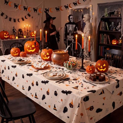 CXPSINC 54 Inch X 100 Feet Plastic Table Cover Roll Disposable Halloween Tablecloth with Slide Cutter Ghost Bat Plistic Table Covers for Halloween Party Decorations(Halloween Beige, 100 Feet)