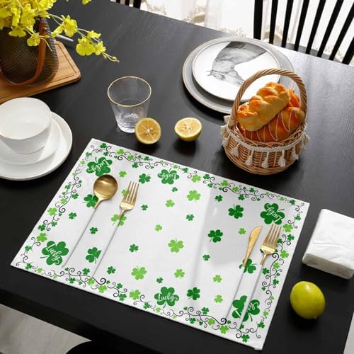 St. Patrick's Day Placemats Set of 4, Green Shamrock Irish Clover Heat Resistant Washable Dining Table Mats Seasonal Spring Holiday Farmhouse Decor for Kitchen&Table Linens Outdoor Indoor