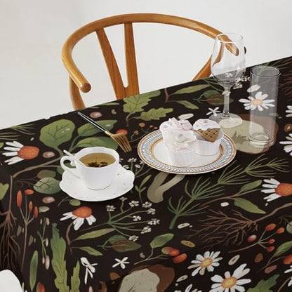 Wild Mushrooms Tablecloth, Rustic Chamomile Flowers Herbs Plants Retro Botanical Mushroom Natural Print Table Cover for Kitchen Dining Room Picnic Camping Indoor Outdoor 55x75in