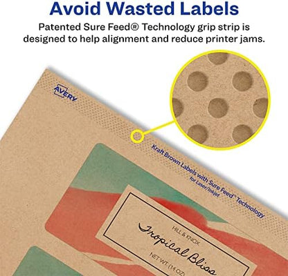 Avery® Kraft Brown Rectangle Labels, Sure Feed® Technology, 2" x 6", 100 Kraft Brown Labels, Print-to-The-Edge, Laser/Inkjet Printable