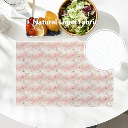 Batmerry Watercolor Cherry Blossom Linen Placemats Set of 6, Light Apricot Flowers Washable Table Mats for Kitchen Table Thickened Heat Insulation Dining Set Indoor Outdoor 12X18 in