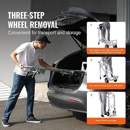 VEVOR Aluminum Truck, 2 in 1, 800 lbs Load Capacity, Heavy Duty Industrial Convertible Folding Hand Truck and Dolly, Utility Cart Converts from Hand Truck to Platform Cart with Rubber Wheels