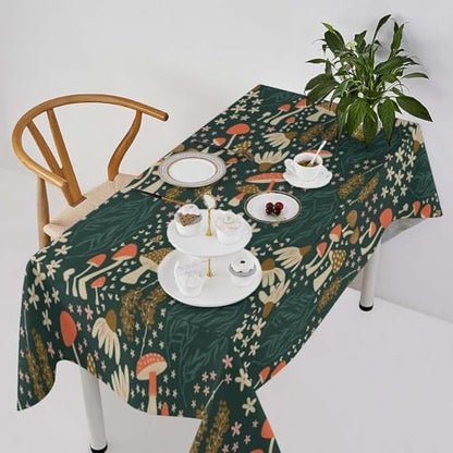 Mushroom Table Cloth, Vintage Woodland Summer Flowers Plants Forest Botanical Leaves Table Cover for Farmhouse Kitchen Dining Room Table Decor 60x110in
