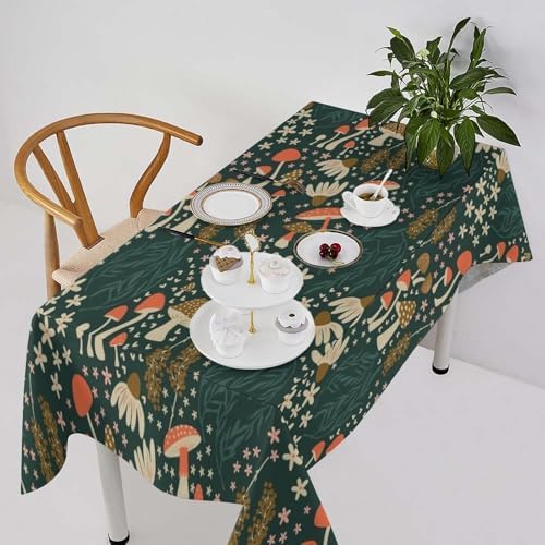 Mushroom Table Cloth, Vintage Woodland Summer Flowers Plants Forest Botanical Leaves Table Cover for Farmhouse Kitchen Dining Room Table Decor 60x90in