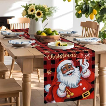 Black Santa Claus Table Runner Dresser Scarf 13 x 72 Inch Merry Christmas Snowflake Red Black Plaid Table Runners Non-Slip Heat Resistant Kitchen Dining Table Decor for Home Holidays Indoor Outdoor