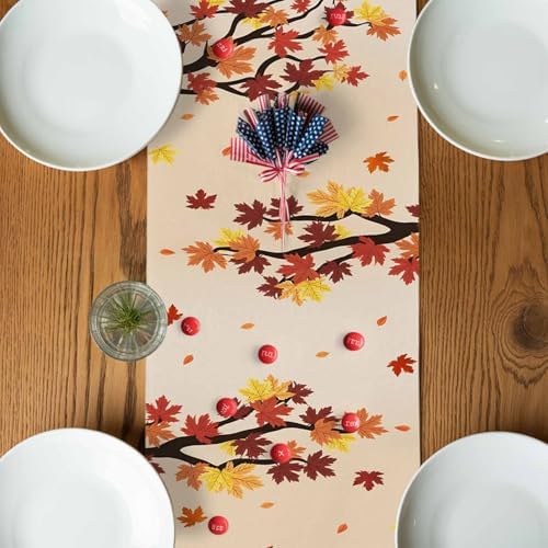 Fall Table Runner Fall Gnome Table Runners Harvest Thanksgiving Maple Leaves Blue Pumpkin Cotton Linen Dresser Scarf Kitchen Dining Table Decor for Autumn Holiday Party Coffee 13x36 Inch